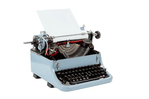 retro uncovered blue typewriter on white background