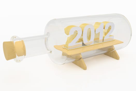 3d numerals "2012" of silver and gold on wooden pedestal in a glass bottle