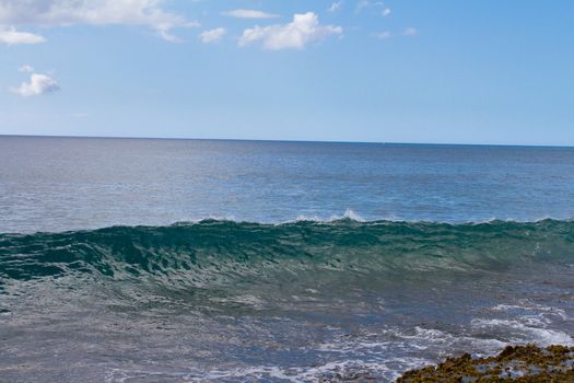 These almost completely clear waves are swelling and breaking onto some rocks on Oahu Hawaii. These waves are interesting and different than most.