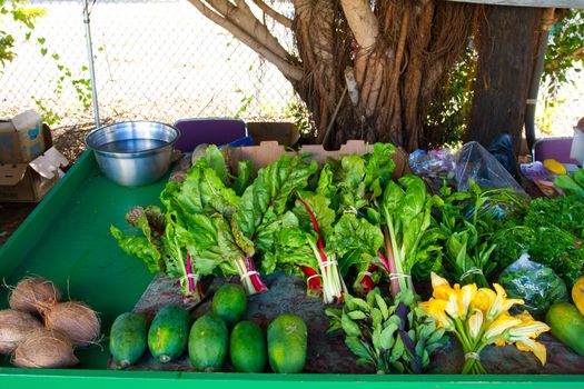 Images from a farmers market in Hawaii showing tropical fruits or vegetables in simple photos with vibrant colors.