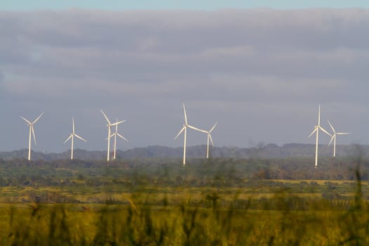 A wind farm on the tropical island of Oahu in Hawaii has multiple wind turbines (or windmills) that turn the natural resource into electricity in an environmental friendly geen way.