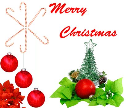 A Christmas design with red Christmas balls, poinsettia leaves, a Christmas tree and star a pine cone and a flower on white with room for your text