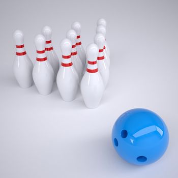 Blue ball and skittles for bowling. Render on a gray background