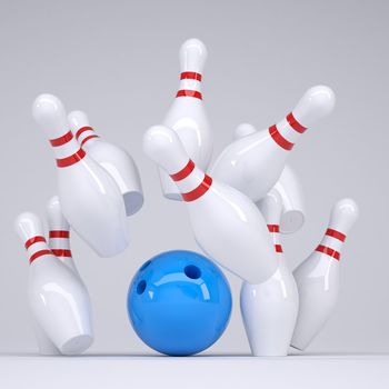 Blue ball knocks down pins for bowling. Render on a grey background