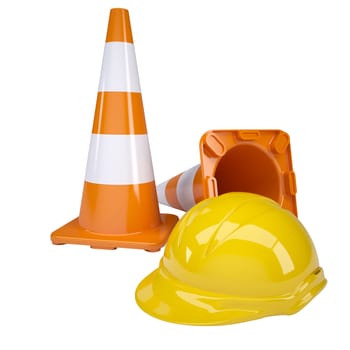Traffic cone and helmet. Isolated render on white background