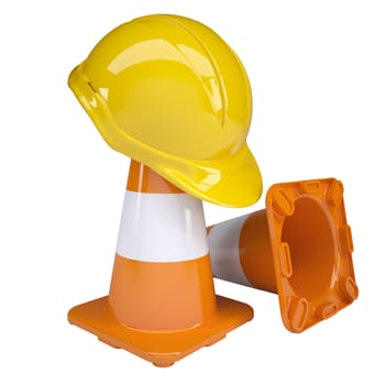 Traffic cone and helmet. Isolated render on white background