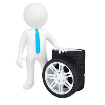 3D man holding a car wheel. Isolated render on a white background