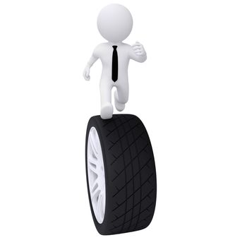 3d man running on the car wheel. Isolated render on a white background
