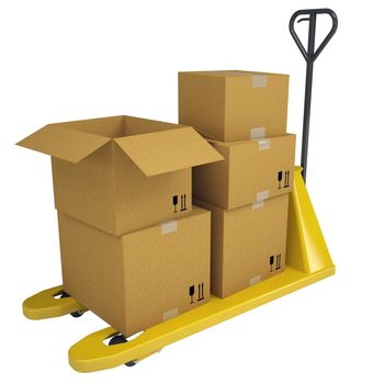 Pallet Truck with boxes. Isolated render on a white background