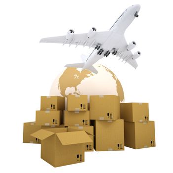 Earth, cardboard boxes and the plane. Isolated 3d rendering