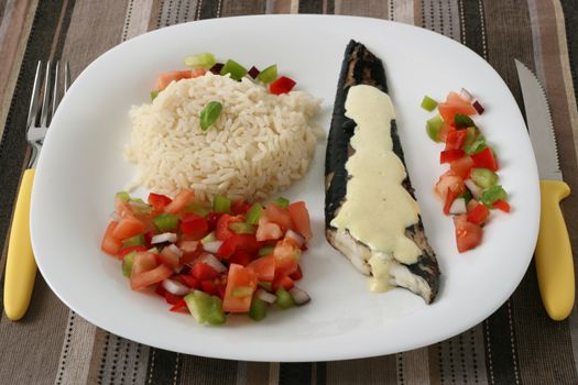 fried fish with sauce and rice