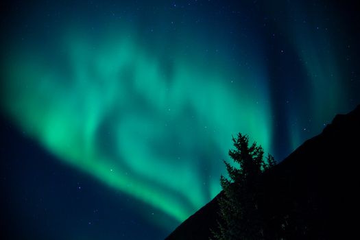 Northern lights arise over a mountain