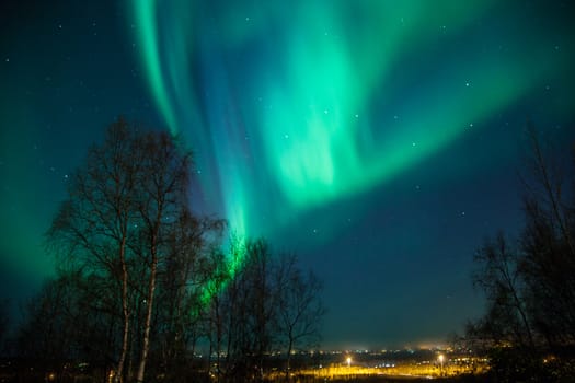 Northern lights and Big Dipper shine brightly over a city