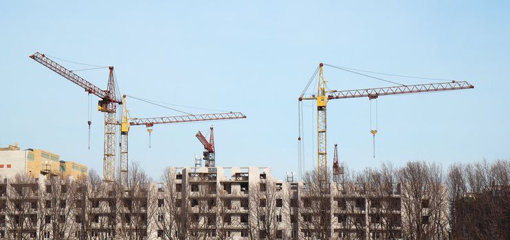 Inside place for many tall buildings under construction and cranes under a blue sky
