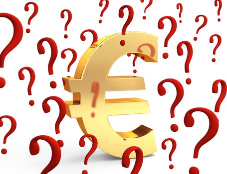 A gold Euro symbol encircled by red question marks portraying financial concepts such as questions about the Euro currency or how much to spend. Isolated on white