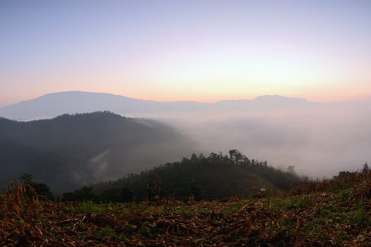 Morning mist in vallege on the hills, north of Thailand.