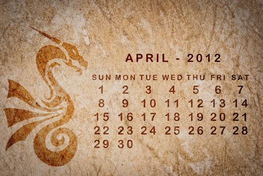2012 year of the Dragon calendar on old vintage paper, April