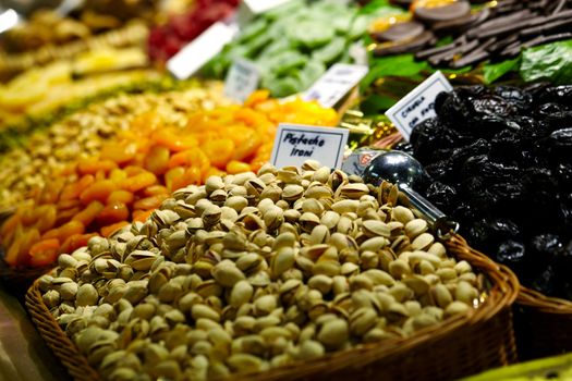 Pistachio and prunes at the La Boqueria market in Barcelona, Spain.