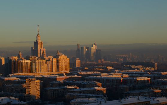 Sunrise over the Moscow. Moscow State University and Moscow-City.