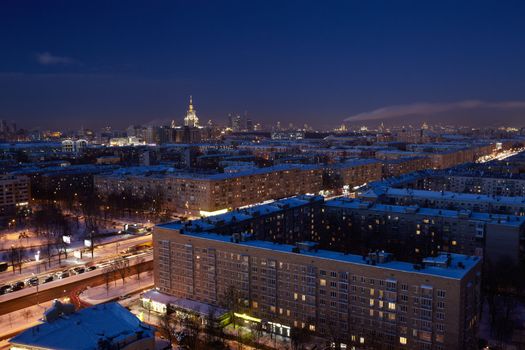 Night city. Moscow. Leninsky prospekt. View at the Moscow State University.