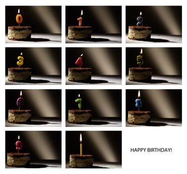 Collage of birthday candles with numbers from 0 to 9 in a tiramisu cake. Beautiful vintage-style backlight.