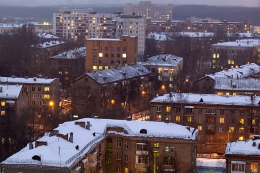 Winter evening cityscape high angle. Moscow, winter.