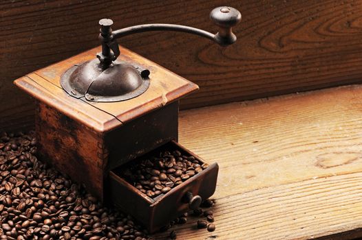 Roasted coffee beans are ground in a coffee grinder.