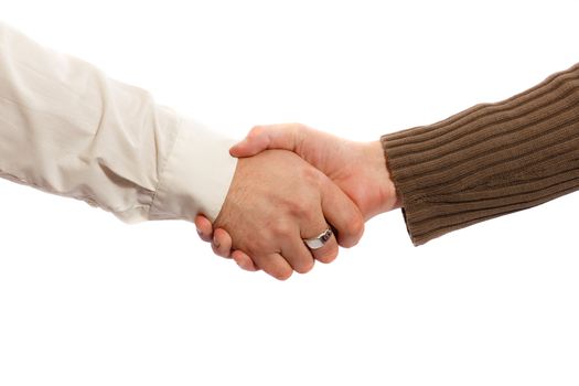 old businessman and a young boy handshake on a white background