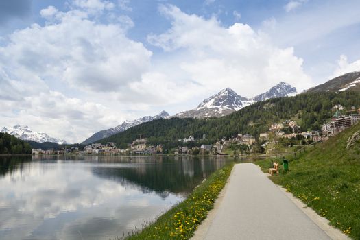 Lake and the city of St. Moritz, Switzerland
