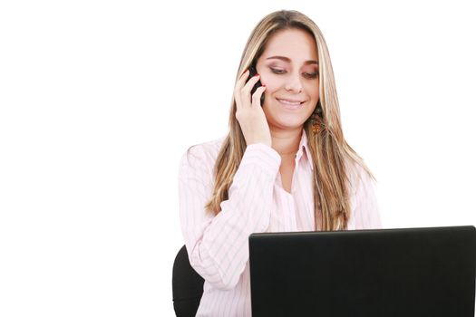 Young smiling business woman with laptop and cellular