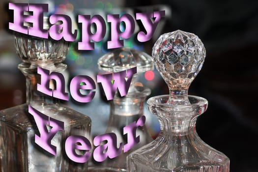 crystal glass whiskey bottles with happy new year text