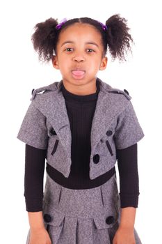 young African girl sticking tongue out, isolated on white background