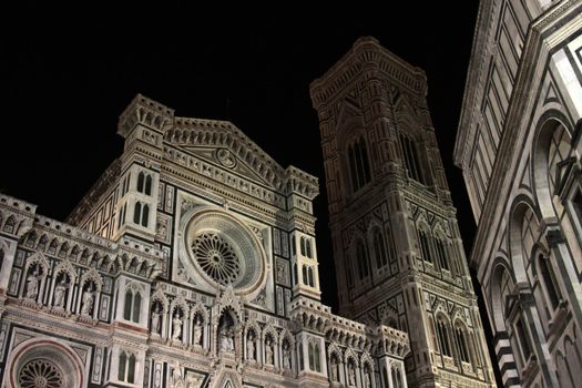 The Florence Cathedral, Giotto's Bell Tower and the Bapistry, shot at night.