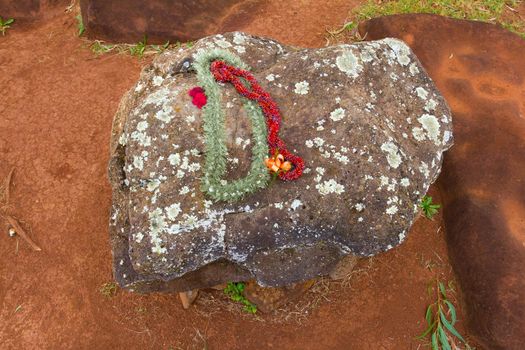 These beautiful flower leis have been placed on the birthing stones in Hawaii on the north shore of Oahu. These historical rocks are the site of where many native queens and kings have been born in the past.