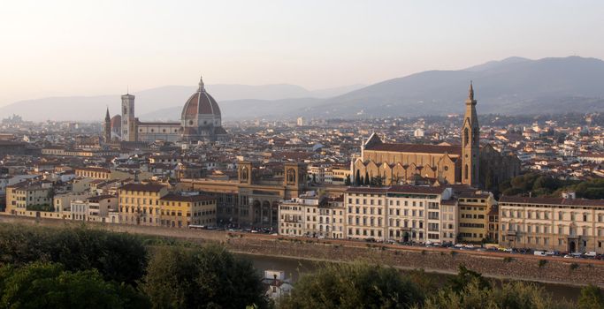 Florence (Firenze) Italy, skyline shot at dusk.  Featuring the Florence Cathedral (Basilica of Saint Mary of the Flower) and the Basilica di Santa Croce (Basilica of the Holy Cross). 