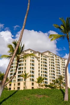 Palm trees stand in front of this beautiful time share condo hotel building on the island of Oahu Hawaii. This resort is in a tropical lush location near a great vacation getaway spot.