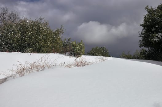 A bright sunlit snowbank contrasts with the dark storm clouds on Mount San Jacinto.