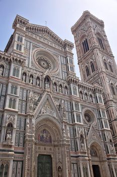 Duomo Facade Statues Frescos Cathedral Church Giotto's Bell Tower, Florence Italy