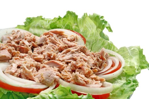Preparation of Thai spicy Tuna with Green salad onion and tomato, closeup