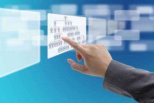 man hand touch on vacant position in organization chart for Job Seeking concept