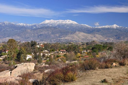 View of the foothills and snow-capped peak of Mount San Jacinto from the town of Hemet, California.