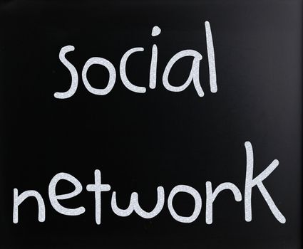The word "Social network" handwritten with white chalk on a blackboard