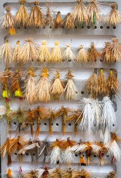 A fly fishing box of flies contains dry flies including caddis, bwo, adams, stone, and more in this abstract color image detail for the recreational pursuit.