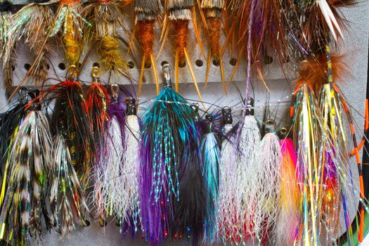 Nymphs and streamers are in this fly fishing box showing the variety of flies used to catch fish in this recreational pursuit.