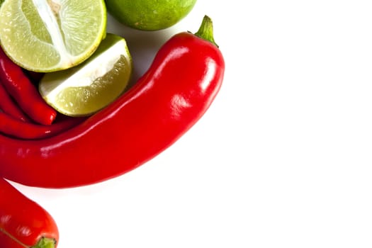 Mix food ingredient chili peppercone and lime on the white background with blank text message copy space