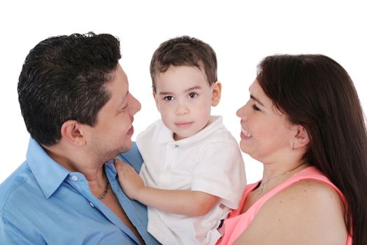 Happy Family: mother, father and son. Focus in the boy.