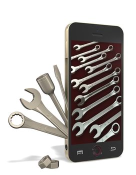 Phone with a wrench, Allen key, a screwdriver on white background