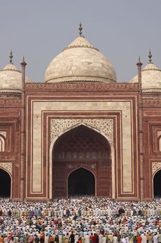Thousands of people gather in front of the mosque at the Taj Mahal to celebrate the Muslim festival of Eid ul-Fitr in Agra, Uttar Pradesh, India