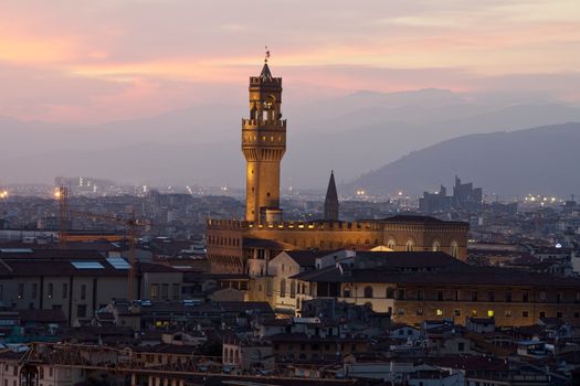 Florence, Night view of Palazzo Vecchio from Piazzale Michelangelo