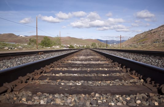 high quality image of rail road tracks. Low angle